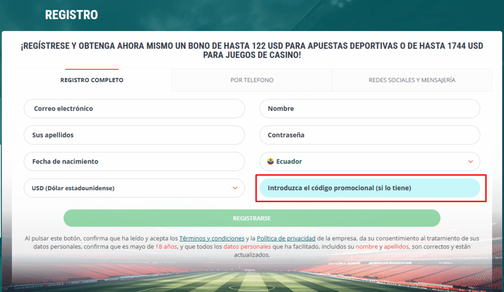 Registro completo 22bet