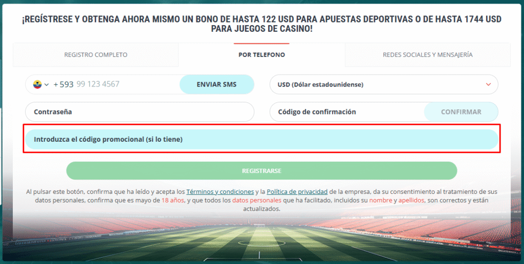 Registro por Teléfono 22bet