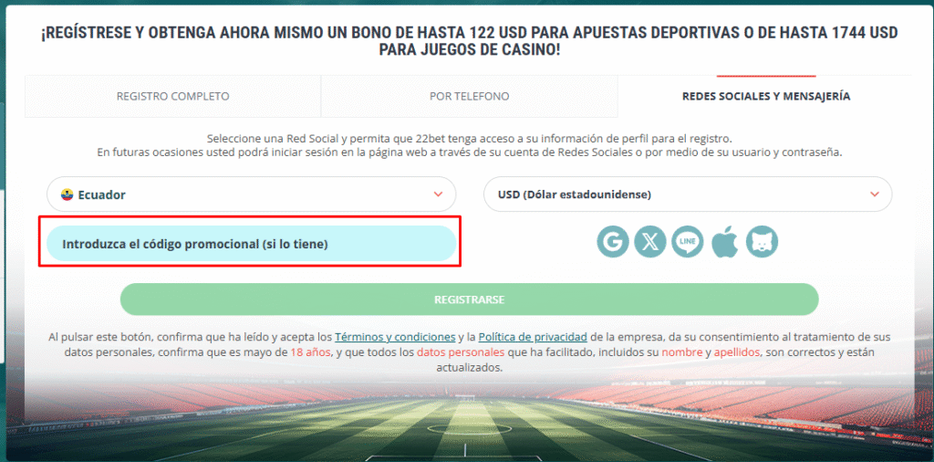 Por redes sociales y mensajería 22 bet